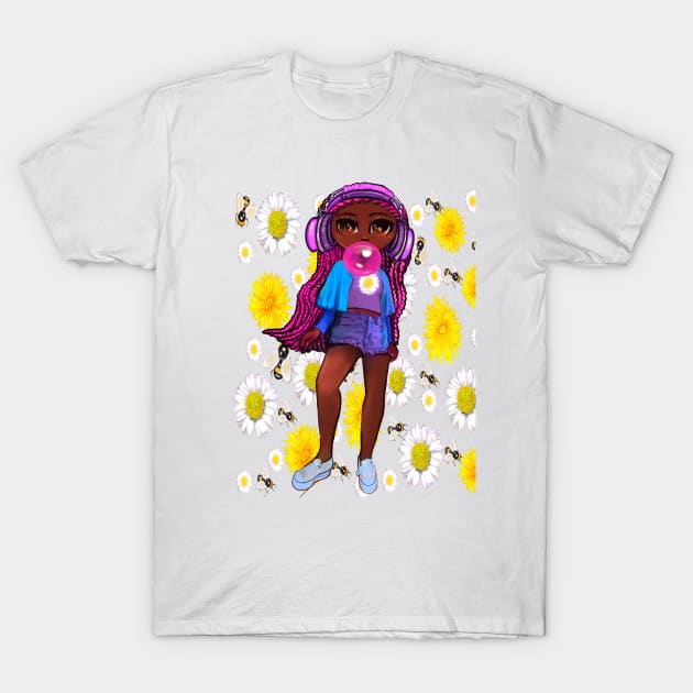 Beautiful Brown skin African American girl with Afro hair in pink braids blowing bubblegum and wearing headphones listening to music. Black girls rock, black girl magic,melanin poppin queen anime girl drawn in manga style T-Shirt by Artonmytee